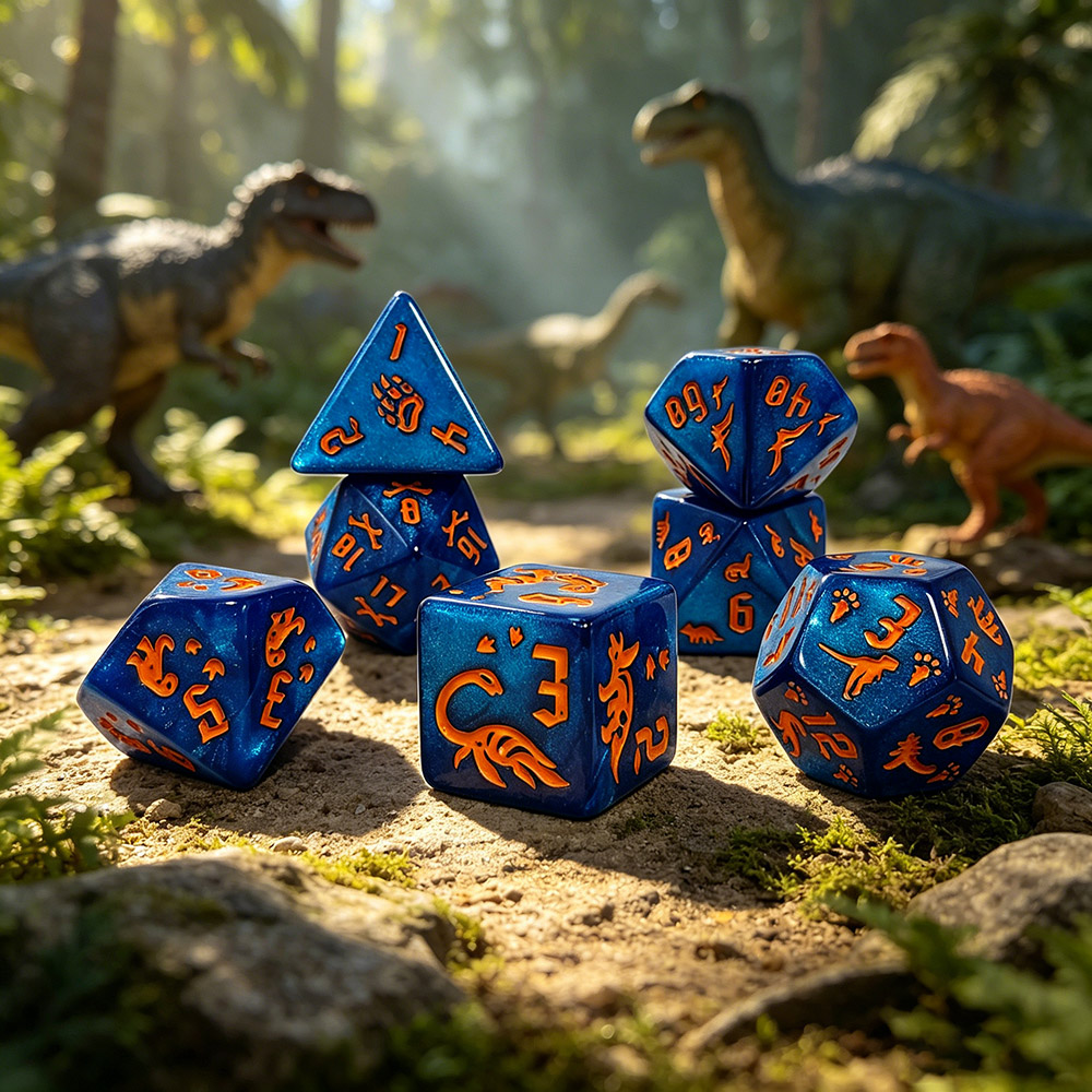 Dice Set Polyhedral - 7Pcs Jurassic Ocean Blue Dinosaur Engraved