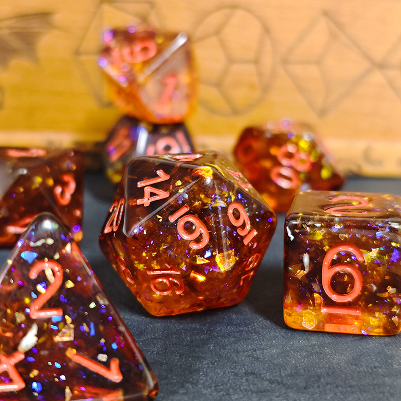 Fire Orange Confetti Resin Pol - đánh giá và giá Dice Set Polyhedral